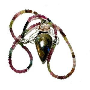 Multi Flash Labradorite Pendant with Tourmaline Necklace
